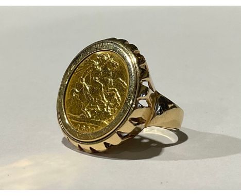 An 1897 Queen Victoria Old Head Half Sovereign Coin Mounted Ring;the ring is stamped "9 375", ring size O 1/2, total gross we