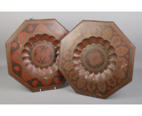 Two large octagonal Eastern brass chargers with enamel decoration. Diameter 40cm.  