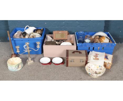 Three boxes of assorted miscellaneous, to include Sylvac 1514 bowl, silver plated candlestick, Bradford Exchange cabinet plat