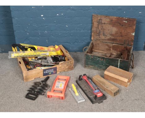 Two boxes of mostly hand tools including a wooden ammo box.  