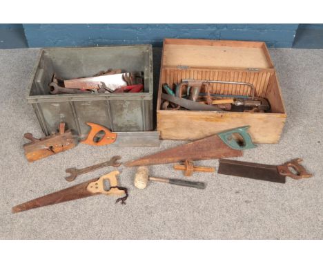 Two boxes of assorted tools, to include saws, files, spanners and planes.  