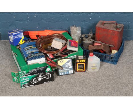 Two boxes of mostly car related tools and equipment including spark plugs and jump leads.  