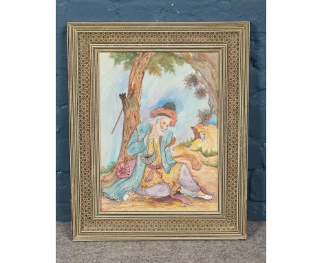 A framed 20th century Eastern painting on porcelain depicting man under tree, signature indistinct. Approx. dimensions includ