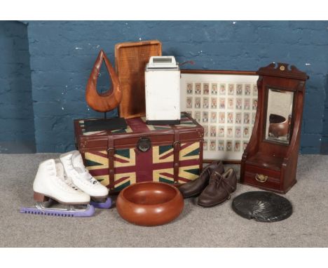 A collection of wooden items including wall mirror valet, bowls and trays along with union jack trunk, ice skates and other i
