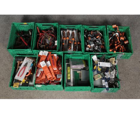 Nine boxes of assorted tools, new and used. Includes drill bits, sockets, spanners, screwdrivers etc.  