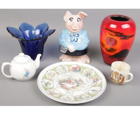 A small collection of ceramics and glass. Includes Poole 'Sunset' vase, coloured glass vase, Natwest pig, etc.  