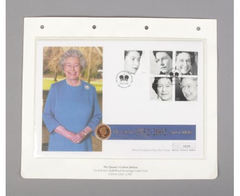 A limited edition The Queens 1952-2002 Golden Jubilee proof 22ct gold sovereign first day cover coin set. No. 0928/1000  