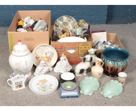 Three boxes of mainly ceramics, to include wall pockets, egg cups, large glazed jardiniere, Poole pie dishes and boxed Wedgwo