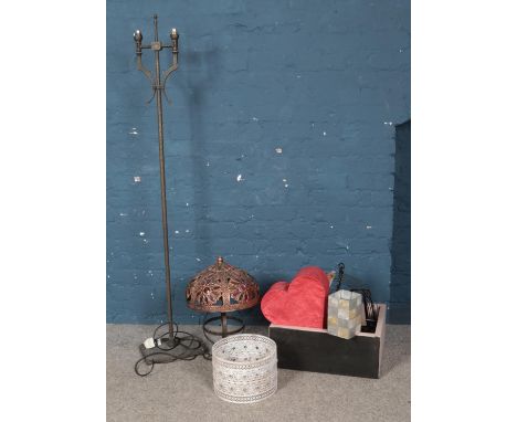A collection of assorted lighting, to include two bulb standard lamp, floral table lamp and various shades.  