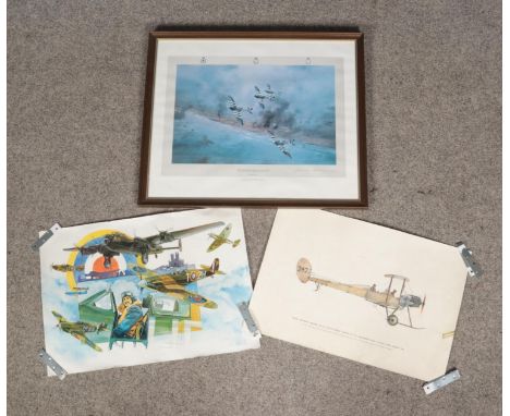 A first edition print by Robert Taylor signed by Johnnie Johnson and two other aviation related prints.  