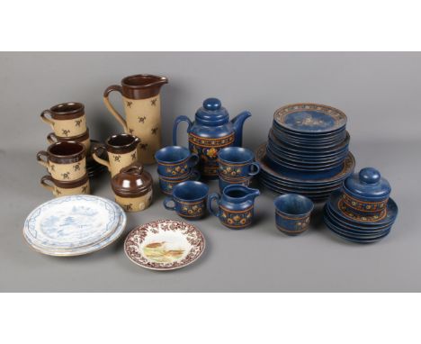 Two boxes of ceramics including Winterling Bavaria and Madrigal tea services, Spode and blue and white plates.  