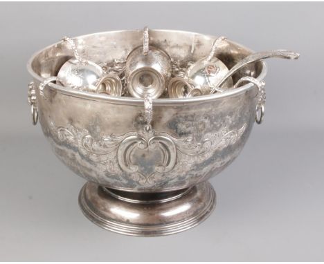 Pinder Bros Ltd silver plate punch bowl, cups and ladle engraved "To mum &amp; dad on your silver wedding anniversary"  