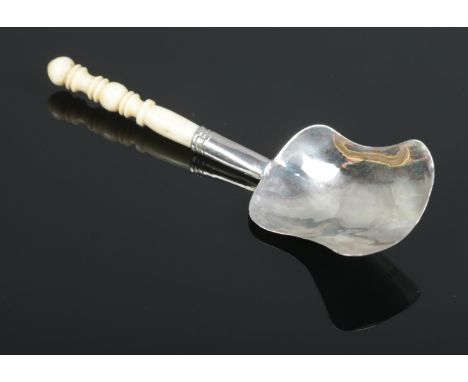 A Victorian silver caddy spoon, with bone handle. Assayed for Birmingham, 1847, by George Unite  