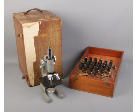 A Gambrell, London post office resistance box along with cased MHR Model 301 microscope.  