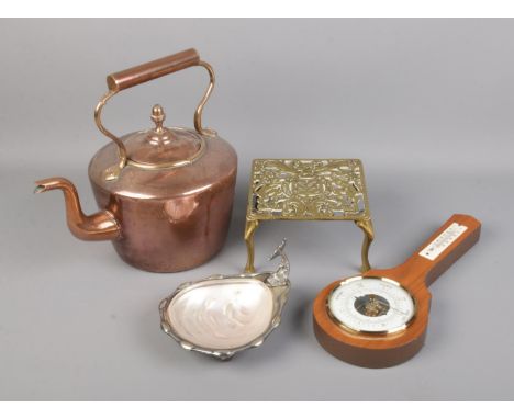 A quantity of collectables including copper kettle, brass stand with motto, barometer and silver plated shell dish.  