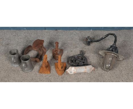 A collection of metalwares including irons, outdoor light fitting, pewter tankards, etc.  