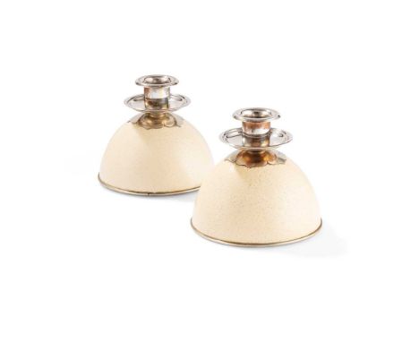 § Anthony Redmile (British 1940-) Pair of Candlestick Holders each stamped REDMILE LONDON, ostrich egg and plated metalDimens