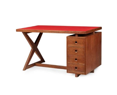 Pierre Jeanneret (Swiss 1896-1967) Administrative Desk, model designed circa 1960 Stencilled DE07, teak, replaced red leather