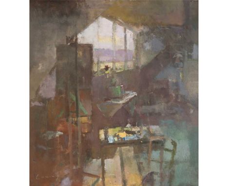 § Fred Cuming R.A. (British 1930-) Studio, Evening Light oil on board, signed (lower left)Dimensions:65cm x 60cm (25 1/2in x 