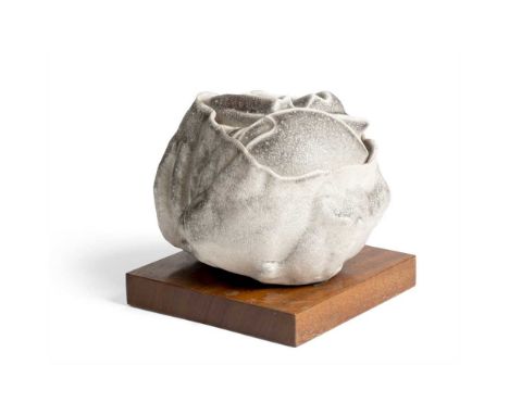 § Carlo Zauli (Italian 1926-2002) The Birth of a Sphere, 1980s grey-glazed ceramic on wood square baseDimensions:18cm high, 1