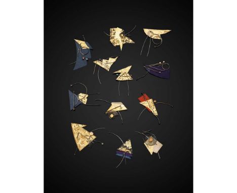 § Wendy Ramshaw C.B.E. R.D.I. (British 1939-2018) Twelve Hair Ornaments, 1989 silver, yellow metal, paper and gold leaf, from