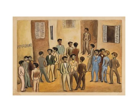 § Dom Robert (Guy de Chaunac-Lanzac) (French 1907-1997) Group of Young Men Outside the Hairdressers, Design for Tapestry, 195