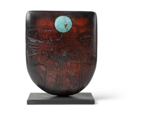 Peter Hayes (British 1946-) Red Bow with Copper Disc signed (to base), raku with inlaid copper disc, on slate baseDimensions: