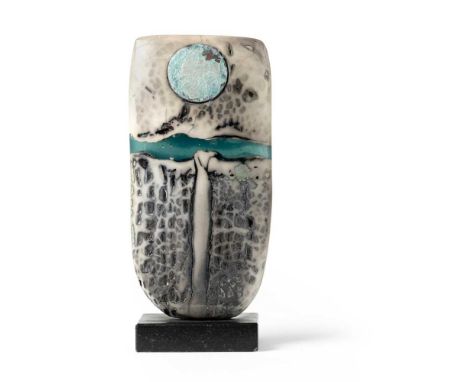 § Peter Hayes (British 1946-) Bow with Blue Disc, 2014 signed and dated, rakuDimensions:18cm high (7 1/2in high), excluding b