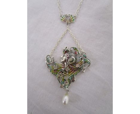 Art Nouveau style silver, opal , ruby &amp; pearl champlevé pendant on chain