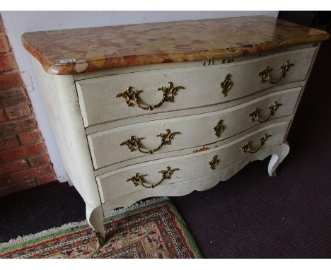 Serpentine fronted &amp; painted French antique commode chest with marble top - H: 81cm W: 124cm D: 52cm