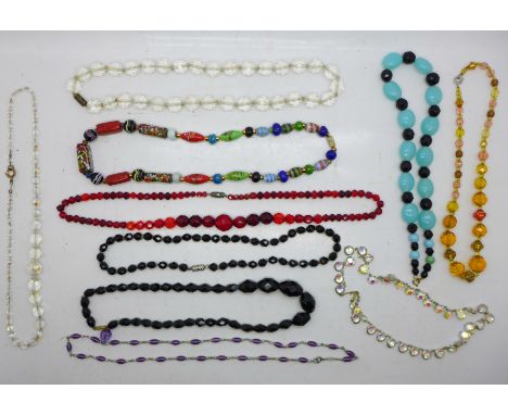 Ten vintage glass bead necklaces 