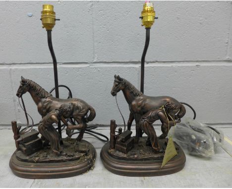 Two resin sculpture table lamp bases, blacksmiths (small losses of resin) **PLEASE NOTE THIS LOT IS NOT ELIGIBLE FOR POSTING 