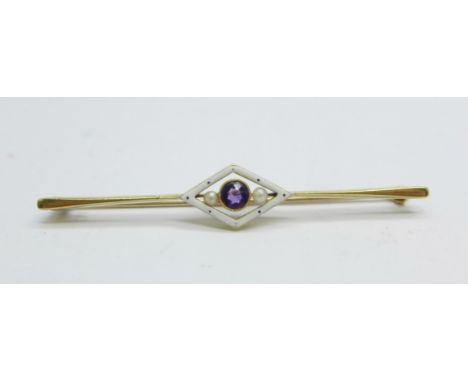 A 15ct gold, enamel, amethyst and pearl brooch, 3.6g, (one pearl possibly replaced) 
