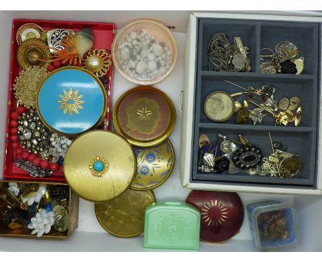 A collection of costume jewellery, clip-on earrings, compacts and a jewellery box with vintage jewellery and cufflinks 