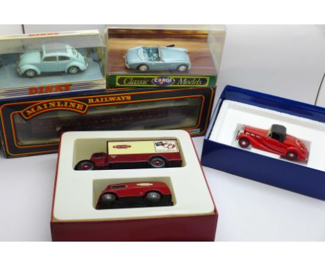 Dinky and other model vehicles, Triumph Dolomite, VW Beetle, Corgi Austin Healey, BR Transport of the 50's and 60's set and a
