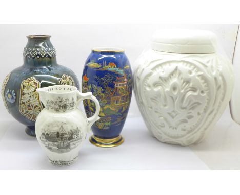 A Carlton Ware vase, cracked, a Doulton Lambeth vase, small chip to the rim, a Beswick ginger jar vase, 2296, and a Royal Wor