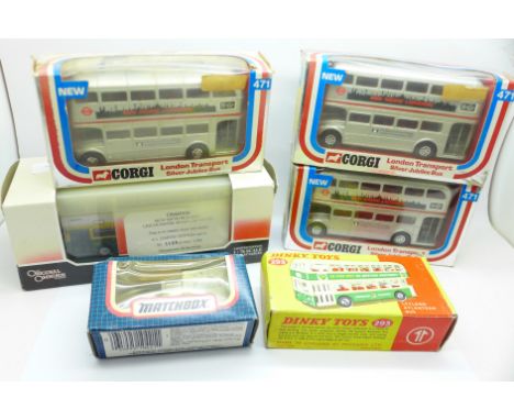 A Dinky Toys 293 Leyland Atlantean bus, three Corgi Silver Jubilee buses, a Matchbox car and an Original Omnibus coach, all b