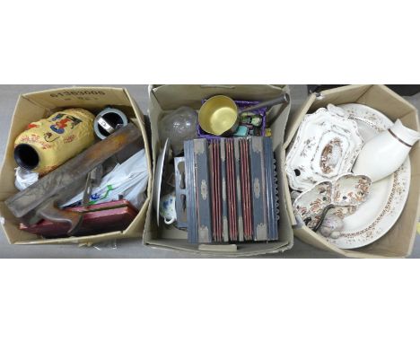 Three boxes of miscellaneous items including Dinky toys, squeezebox, brass pan, wooden block plane and other planes, cased se