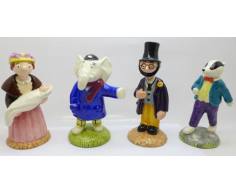 Four Beswick figures, two Rupert the Bear characters, Edward Trunk and Bill Badger, and two Trumpton figures, Mrs Honeyman an