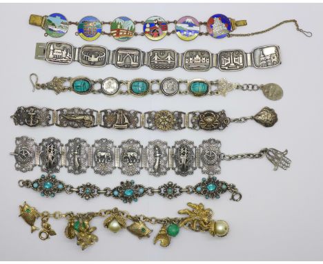 A collection of seven vintage bracelets including 1960's Sara Coventry Sea Charm bracelet, Japanese enamel, (requires repair)