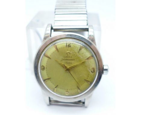 A gentleman's Omega Seamaster automatic wristwatch on a Lamp expanding bracelet strap, case back personalised 