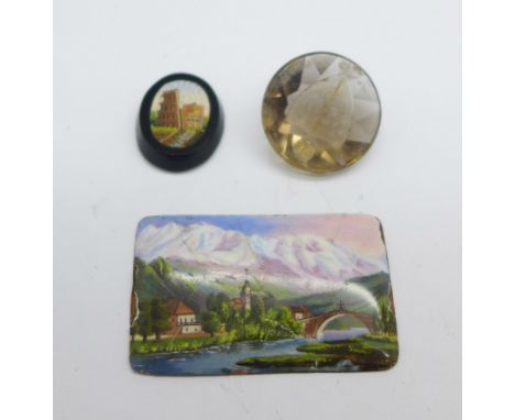 A sealstone intaglio, 19mm, a micro-mosaic plaque and an enamelled plaque, (enamel plaque scratched) 