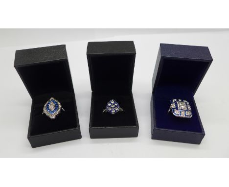 Three Art Deco style dress rings, K, L and N 