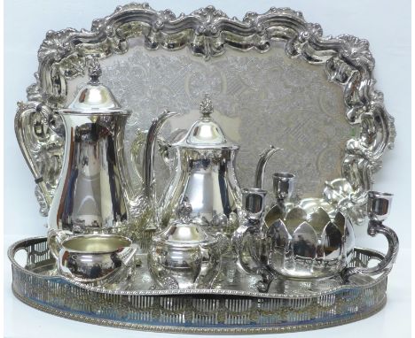 A silver plated gallery tray, a four piece tea service and a centre-piece, all by Viners, and one other plated tray 
