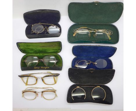 Two pairs of c1900 pince-nez, one lens a/f, four pairs of vintage spectacles and a pair of clip-on tinted lenses 