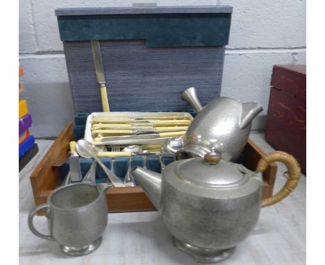 A three piece pewter tea service, teapot base a/f, a pewter posy vase and a part canteen of plated cutlery **PLEASE NOTE THIS