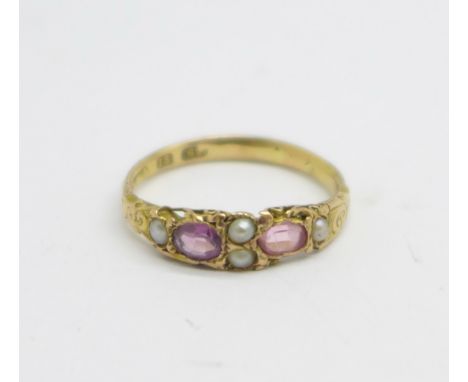 A Victorian 15ct gold, amethyst and pearl ring, 1.6g, M, (a/f, shank repaired, one stone replaced) 