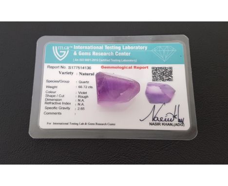 CERTIFIED LOOSE NATURAL AMETHYSTthe rough cut amethyst weighing 66.72cts, with ITLGR Gemmological Report 