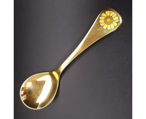 DANISH GEORG JENSEN STERLING SILVER GILT 1973 YESR SPOON with enamel corn marigold to finial, designed by Rigmor Anderson and