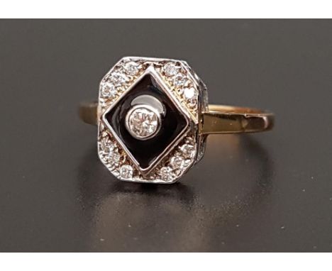 ART DECO STYLE DIAMOND AND BLACK ENAMEL RINGthe central bezel set diamond approximately 0.08cts in black enamel setting surro